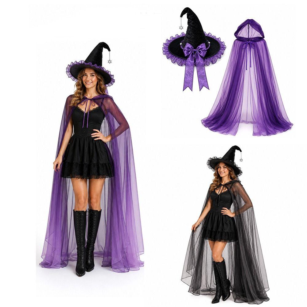Hooded Mesh Witch Hat Hooded Cloak Role Play Halloween Cosplay Hooded Cape  Women Party
