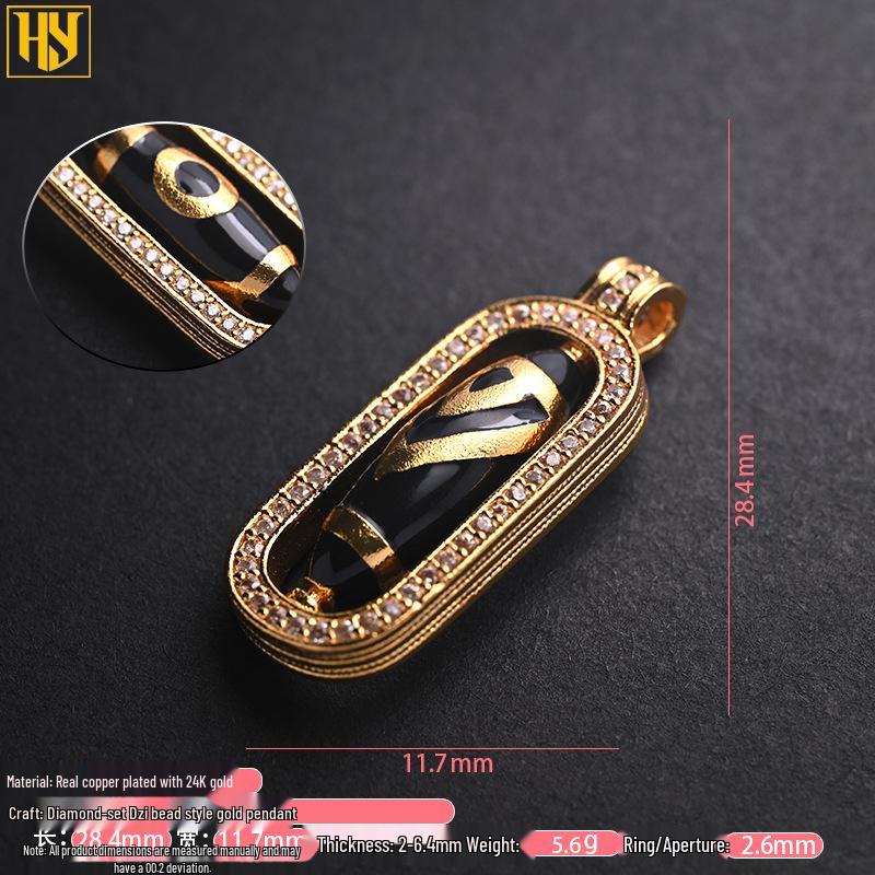 24k Gold-Plated Tibetan Nine-Eyed Dzi Bead Pendant Necklace with Zircon Inlay