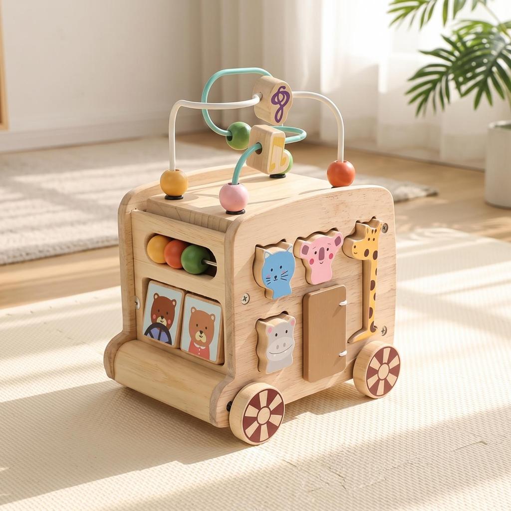 Wooden Activity Bus Multifunctional Shape Sorter with Beads Educational