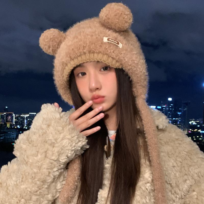 Cute Bear Hat Women's Ear Hat Sweet Knitted Fluffy Hat Fashion Hat