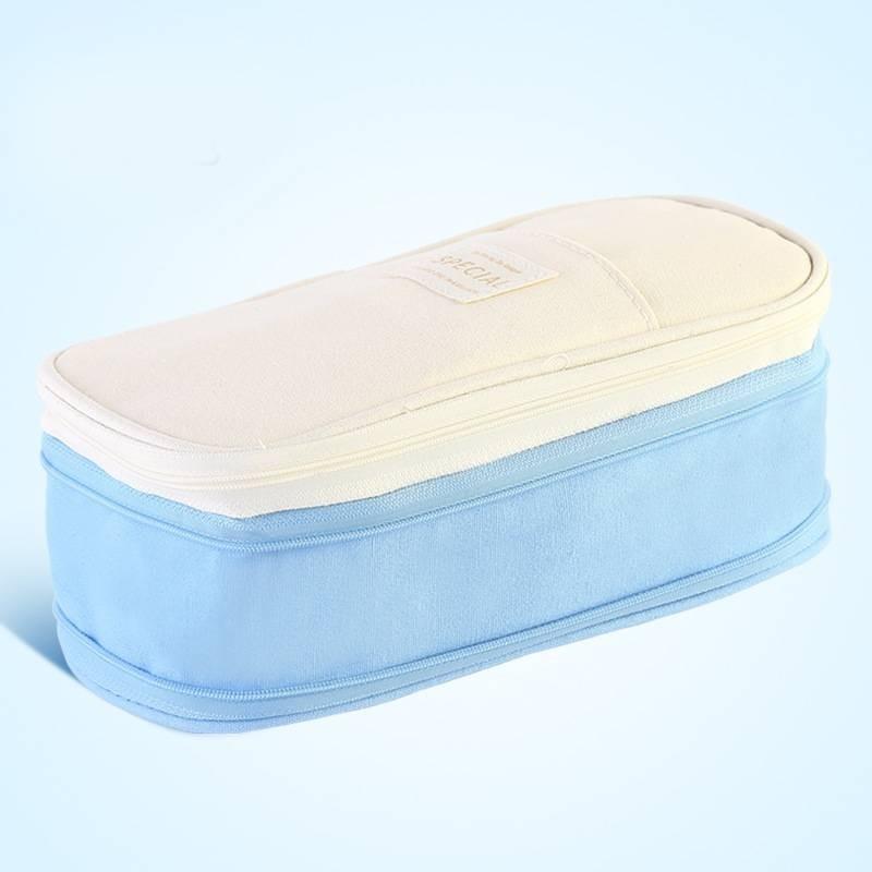 Stylish Macaron Color Canvas Expandable Large Capacity Pencil Case With Dual Zippers