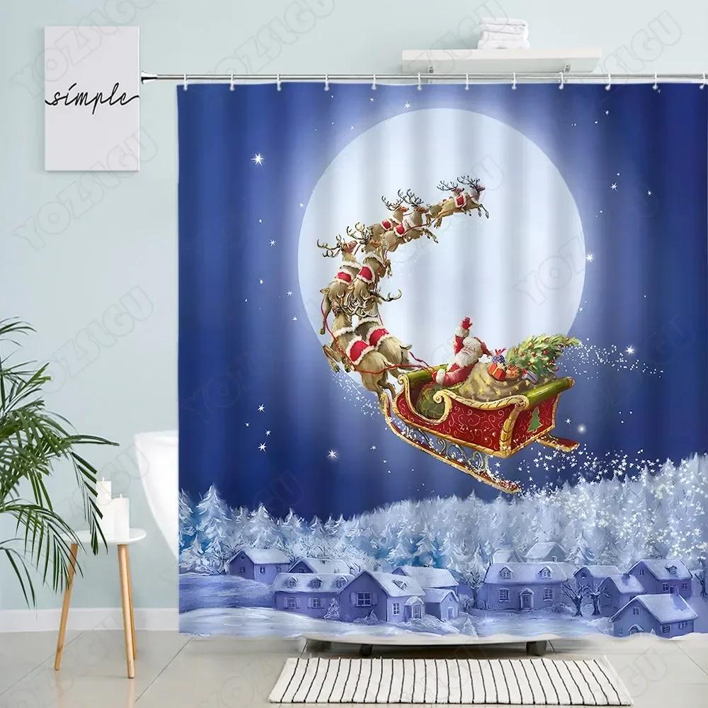Christmas Shower Curtains Funny Santa Clause Elk Red Truck Moon Winter Landscape New Year Fabric Bathroom Decor Bath Curtain Set