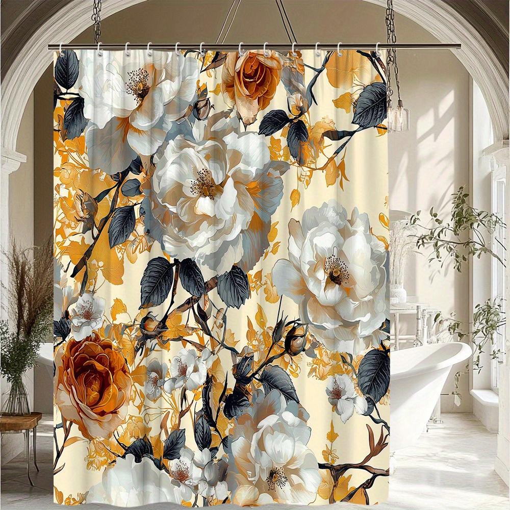 

1Pc Floral Shower Curtain - Elegant Teal & Ivory White Flower Design, Washable Polyester Fabric With 12 Hooks, 70.8X70.8 Inches, W60H190(CM)-1 Pcs