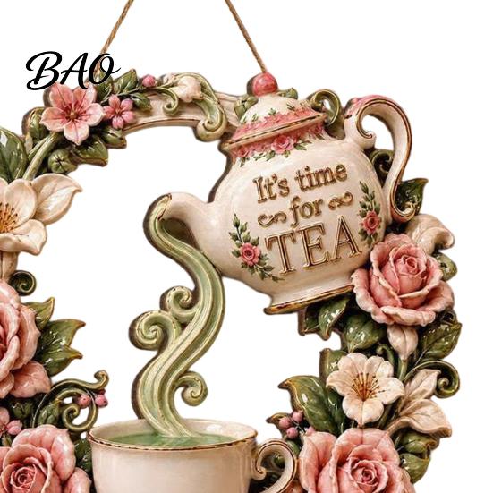 Creative Garden Accessories It's Time for Tea Door Sign, Metal Floral Wreath Hanger with Teapot Teacup Design, Art Windowsill Rustic Wall Decor