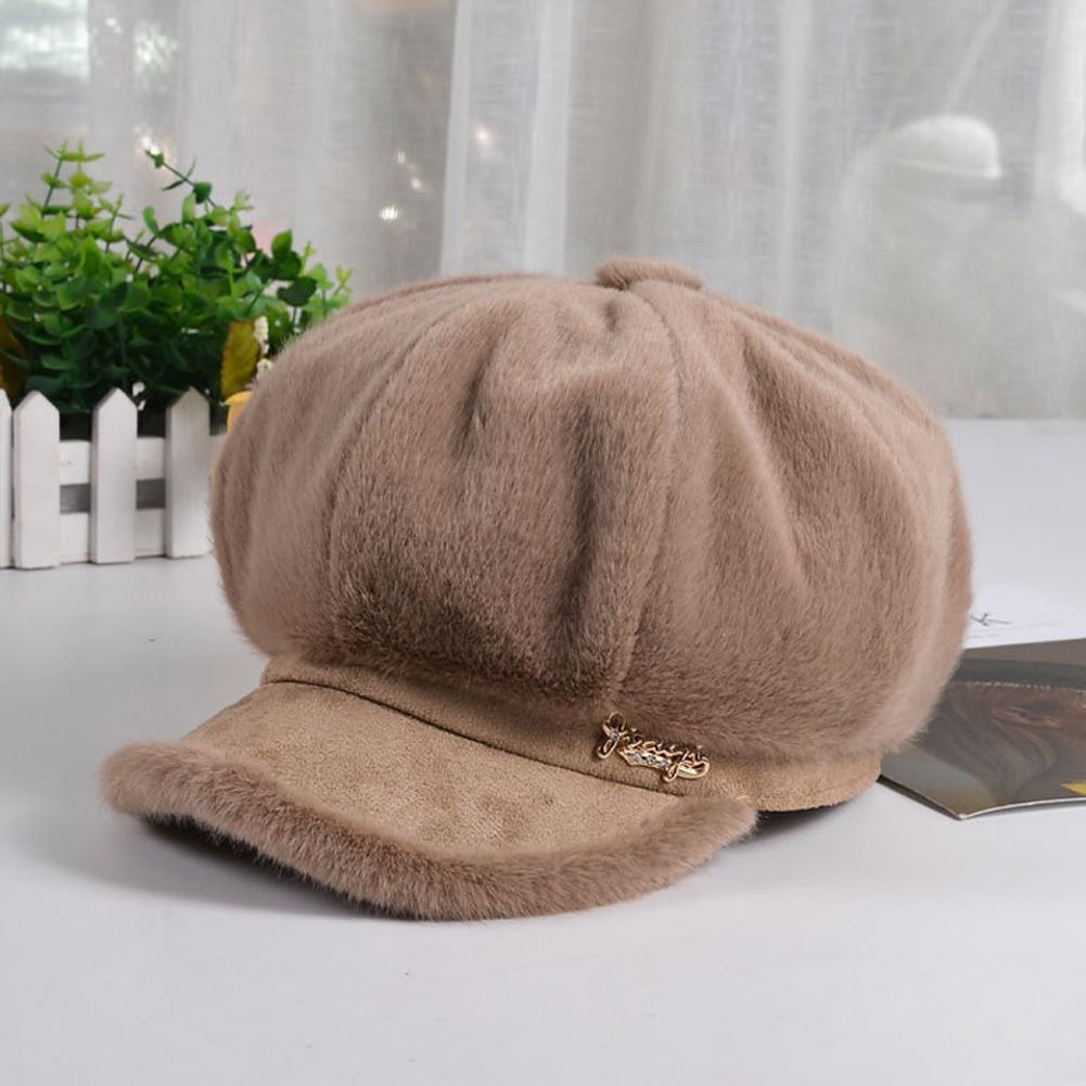 

Women Autumn Winter Warm Retro Style All Match Plush Beret Octagonal Hat Khaki #1