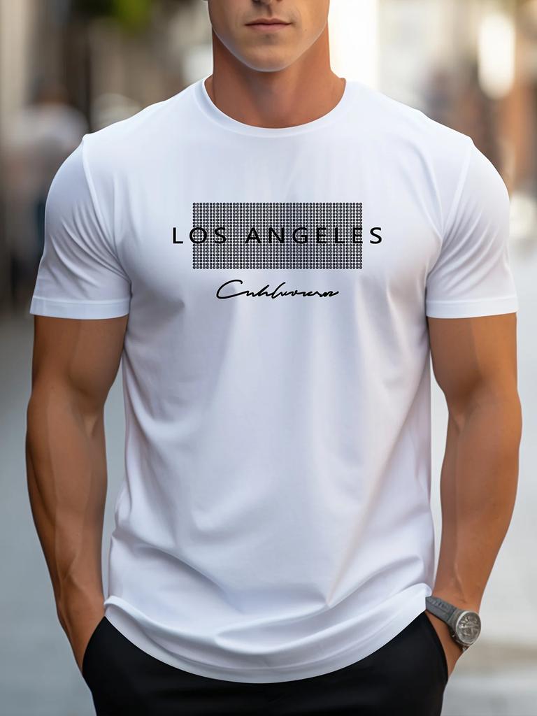 Summer Men's 100% cotton loose fit Great Los Angeles fashion pattern print slim casual sports round neck short sleeve T-shirt to