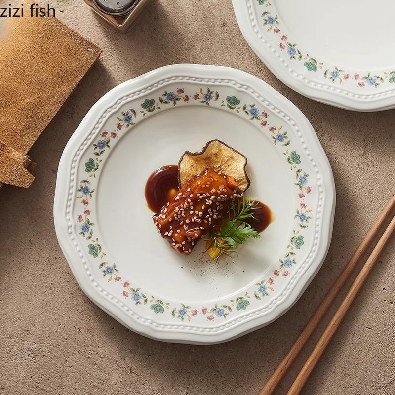 Wykwintny Ceramiczny Talerz Wzory Kwiatowe Talerz Śniadaniowy Talerzyki Deserowe Ciasto Talerze na Stek Kreatywna Zastawa Stołowa Kuchnia Molekularna