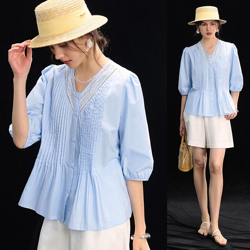 Wudao Women s 100% Cotton French V-neck Three-Quarter Sleeve Blouse S