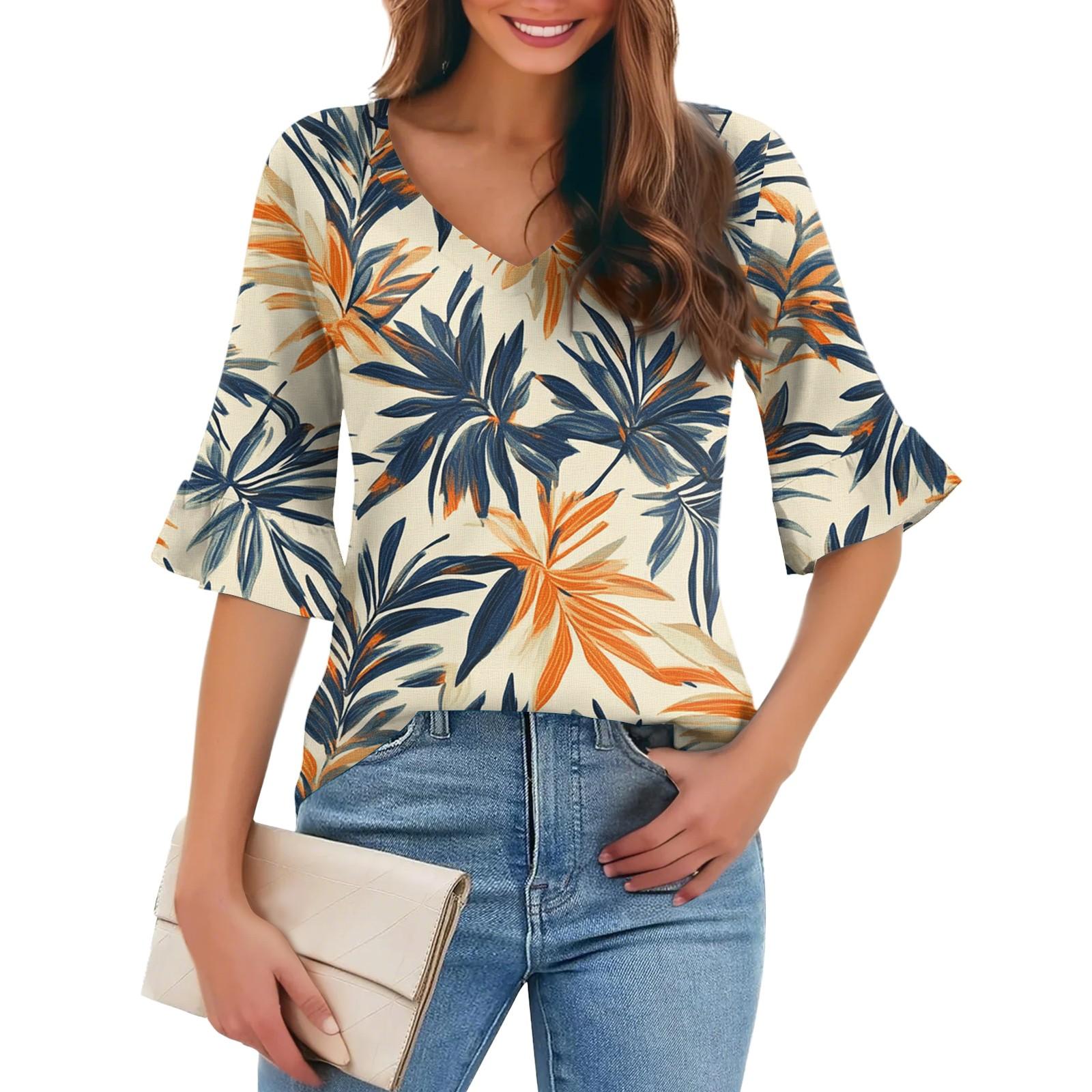 

Женская повседневная модная футболка с V-образным вырезом, свободная, для поездок на работу, с цветочным принтом и рукавами-пятью точками XXXL