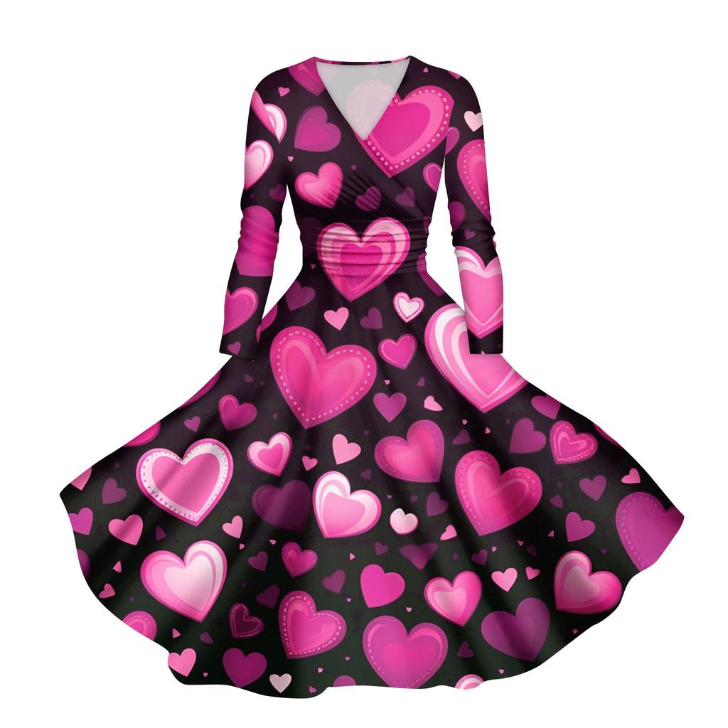 Women's Fashion Casual Valentine's Day Printed Long Sleeve V-Neck Sexy Dresses
