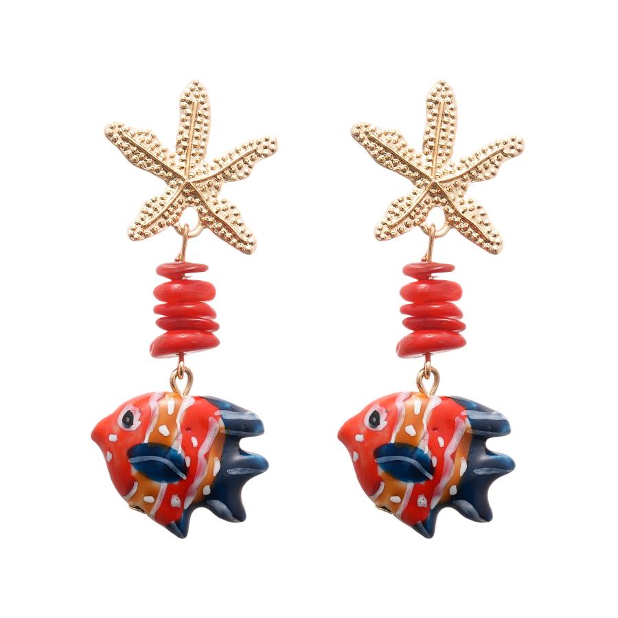 Colorful Ceramic Fish Drop Earrings for Women Starfish Stone Beaded Cartoon Beach Style Summer Jewelry Accessories