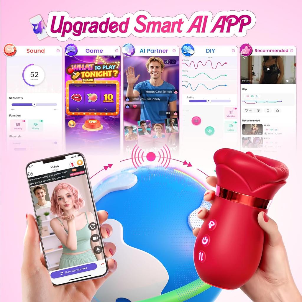 Juguete sexual para adultos 5 en 1 para mujeres: vibrador de succión oral, juguete rosa, 10 modos de lamido de lengua, 3 modos de succión automáticos + 1 manual, nuevo control por APP, adecuado para