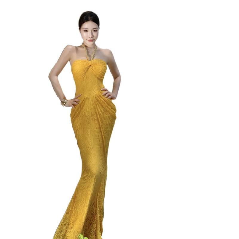 Niche Neck Lace Dress, Waist Shows Long Figure, Celebrity Sexy Dress, Fishtail Dress