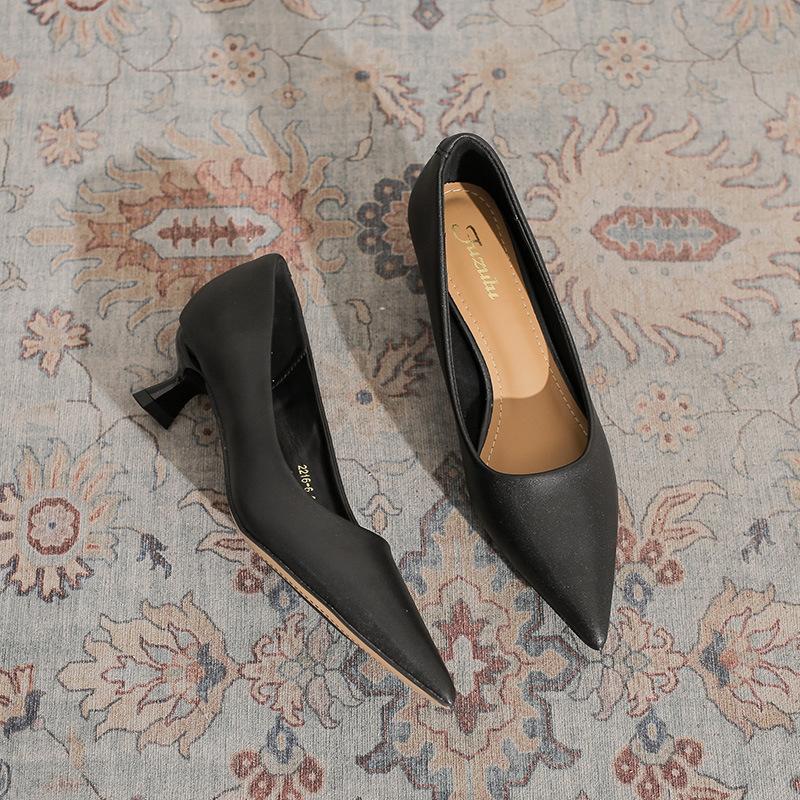 pointed head shallow mouth temperament plain single shoes women's 2025 new professional kitten heel fashion versatile retro high heels