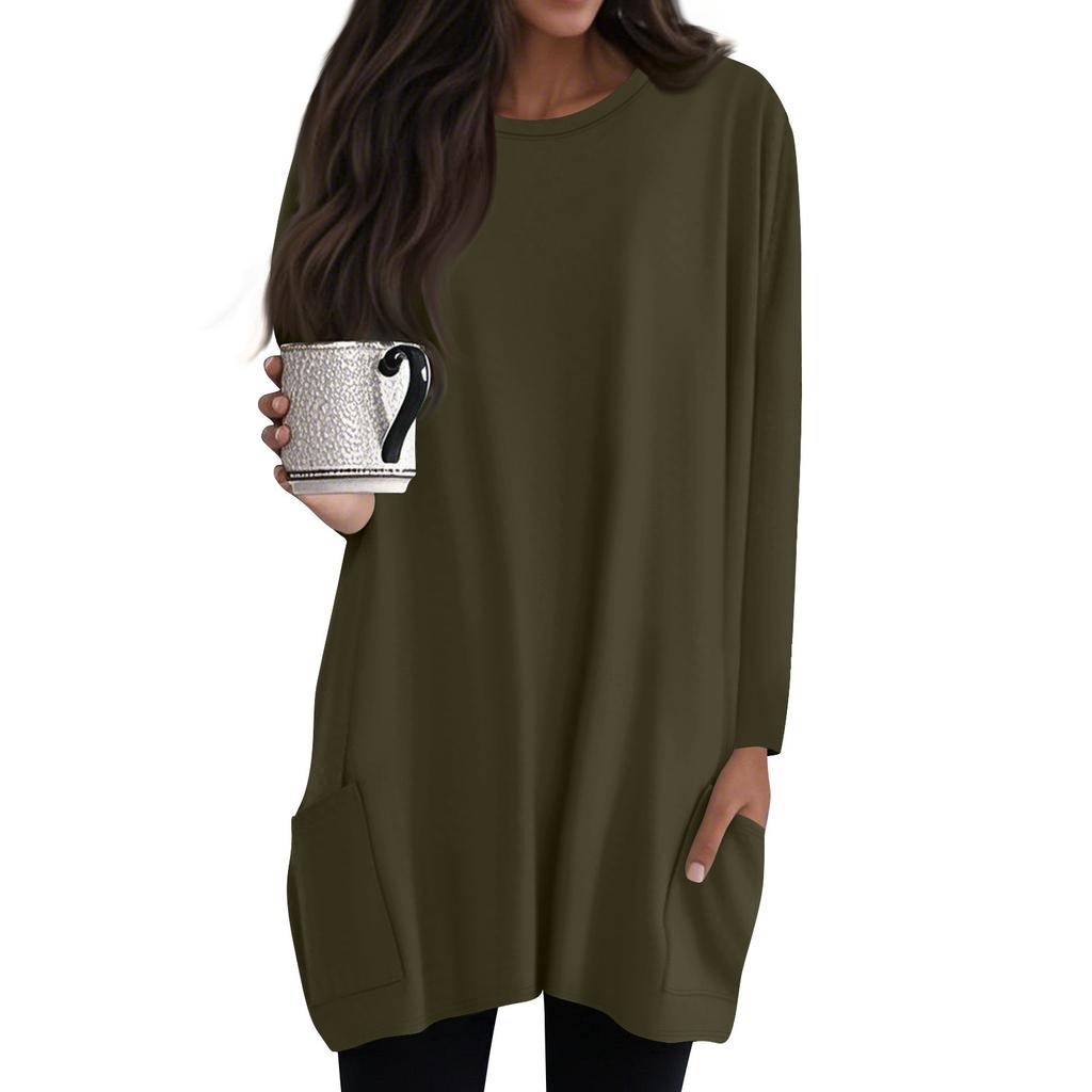Womens Tops Round Neck Long Sleeve Blouses Casual Mid-length Shirts Fashion Print Tunic Tops With Pockets