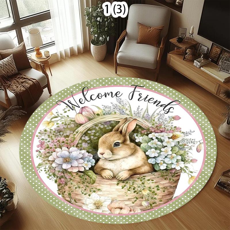 

Flower Rabbit Circular Carpet Cartoon Rabbit Spring Home Decoration Floor Mat Living Room Bedroom Entrance Non Slip Door Mat 100cm x 100cm