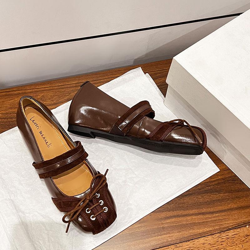 2025 new niche ballet shoes French bow lace-up Mary Jane square head inner height-increasing single shoes women