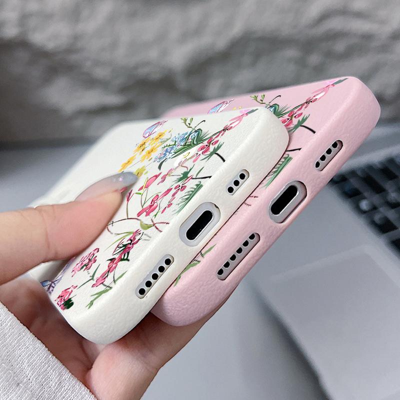 Mini Blossom Print Protective Soft TPU Leather Texture Cover For iPhone 17 Pro Max Air 16e 15 14 13 Shockproof Case