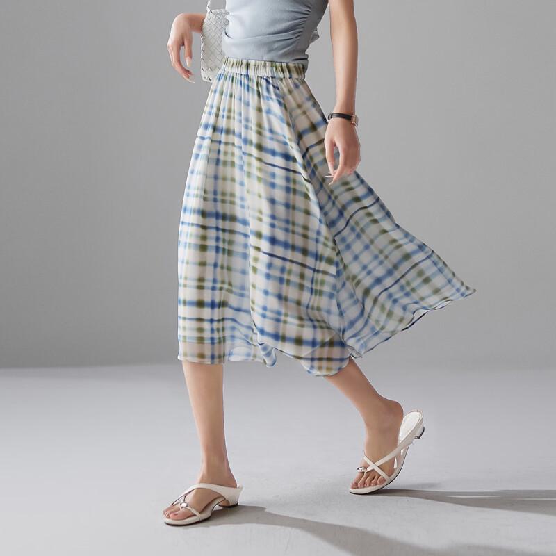 SOFSIL 100% Silk Retro Plaid A-line Midi Skirt L