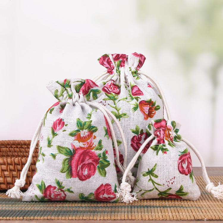 Printed Cotton Linen Drawstring Jewelry Gift Pouch