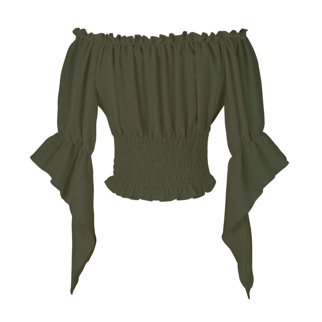 Women Vintage Off Shoulder Blouse Tie Front Mid Sleeve Casual Top Elastic Waist Ruffle Hem Shirt