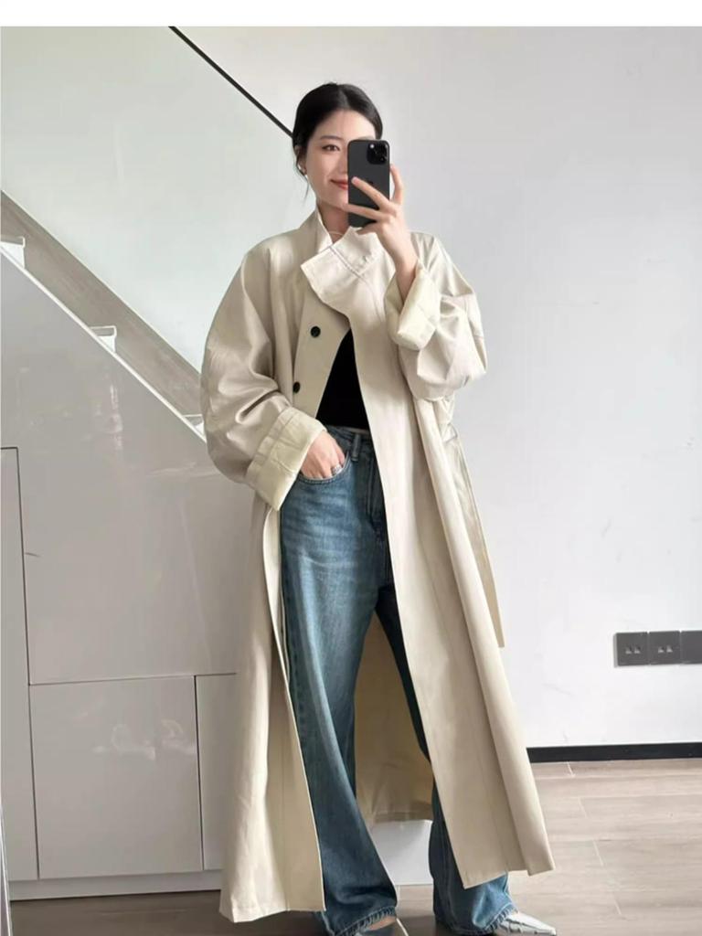 Women's Retro Style Mid-Length Cotton Trench Coat with Stand-Up Collar