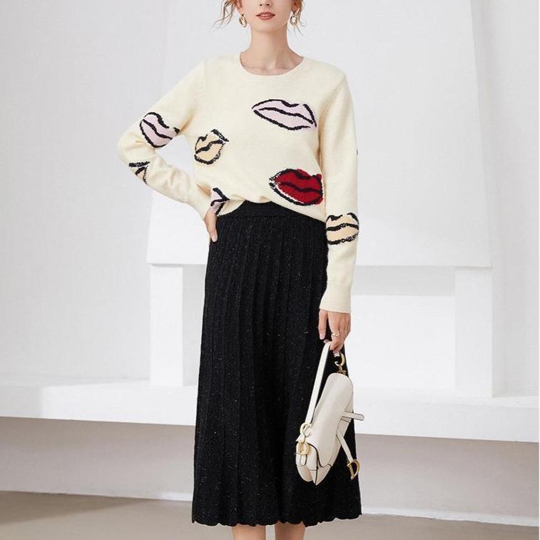 Women's Crew Neck Sweater Autumn Winter Thick Loose Printed Sweater Soft and Comfortable Knit Pullover Sweater