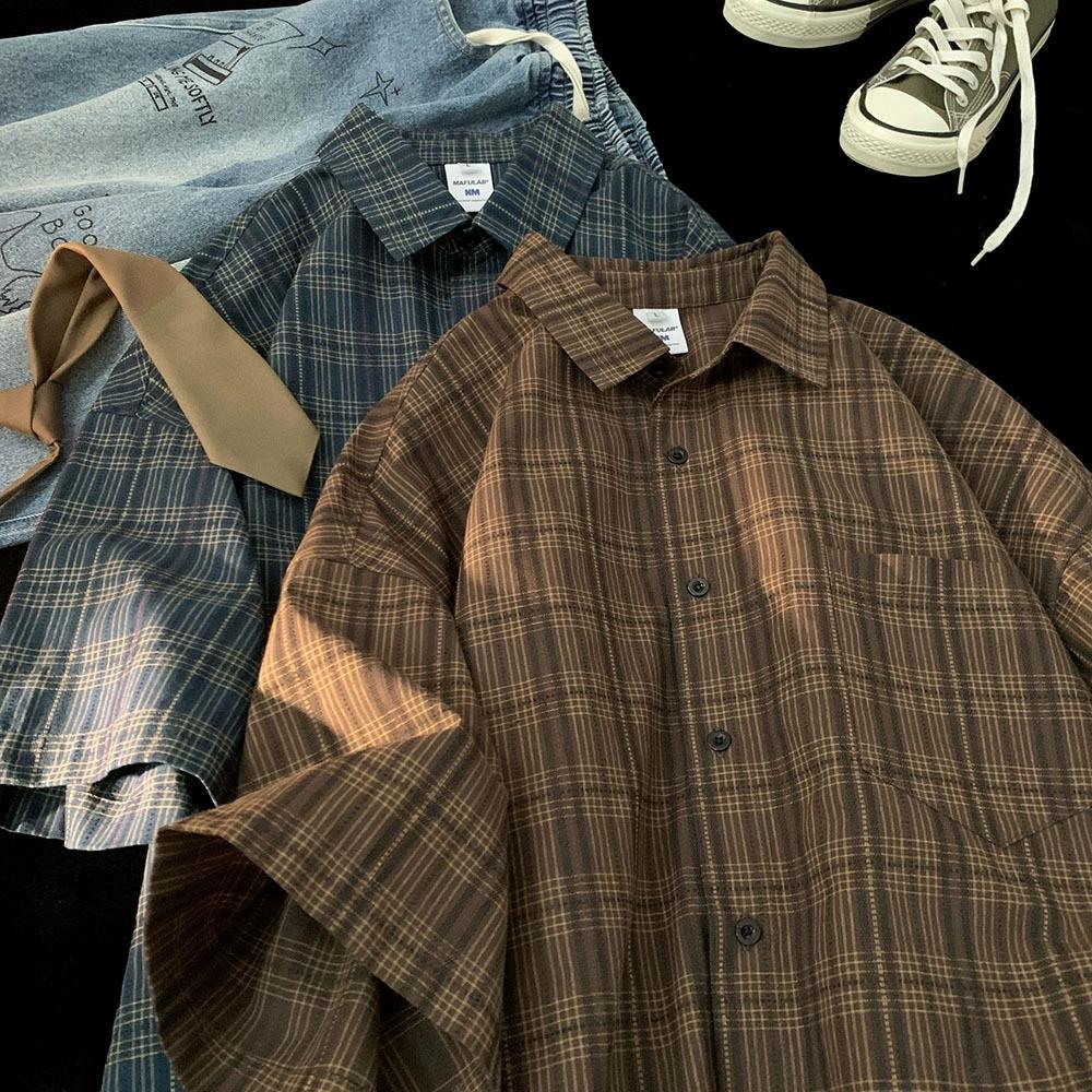 Men's Summer Lapel Short-sleeved Plaid Shirt Youth Buttons Loose Casual Blouse