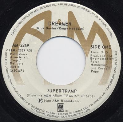 7inch Record SUPERTRAMP  Dreamer AM2269 AM Records 1980 Canada Rock Used