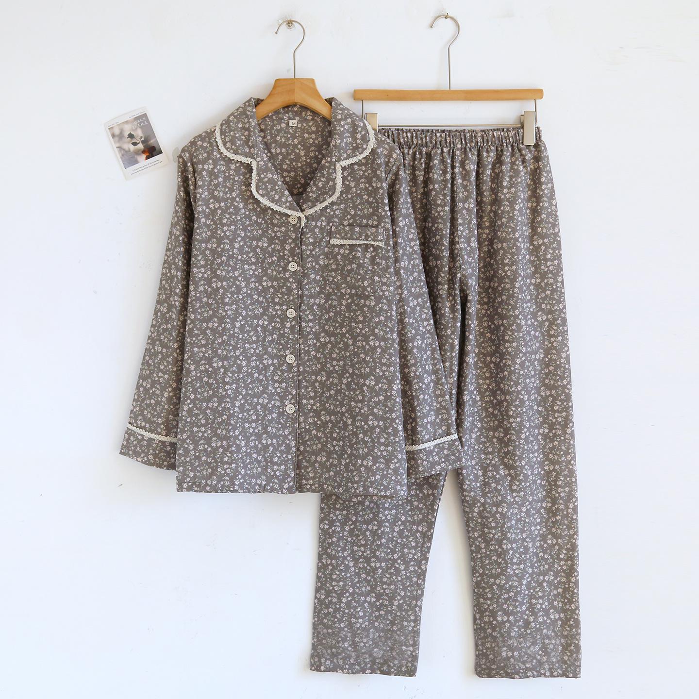 Женская двухслойная хлопковая марлевая пижама - Цветочный принт, Кружевной воротник, Длинные рукава, Идеально подходит для весны и осени. Medium