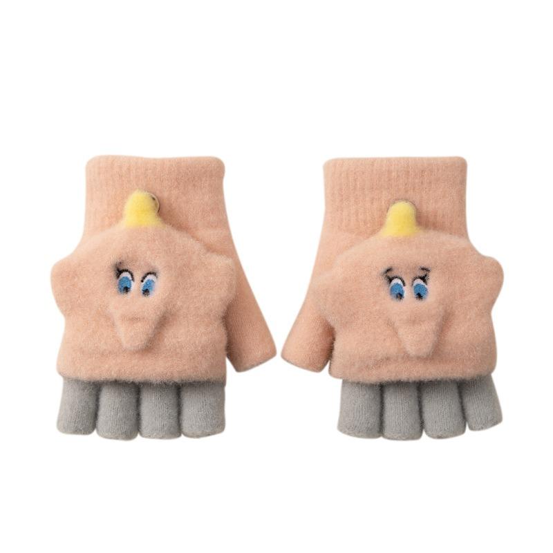 Cartoon baby elephant half-finger flip knitted dew finger kindergarten thickened cold-proof writing winter girls' gloves to keep warm