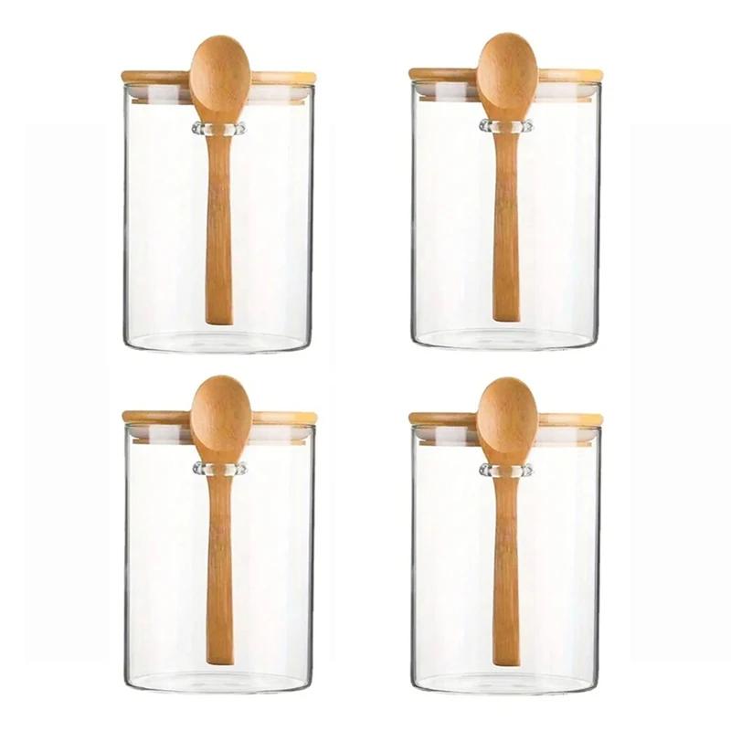 

4 шт. стеклянных банок, контейнер для хранения продуктов, баночки для специй с бамбуковой крышкой и ложкой, банки для хранения чая, кофе, сахара, маленькая канистра 550 мл