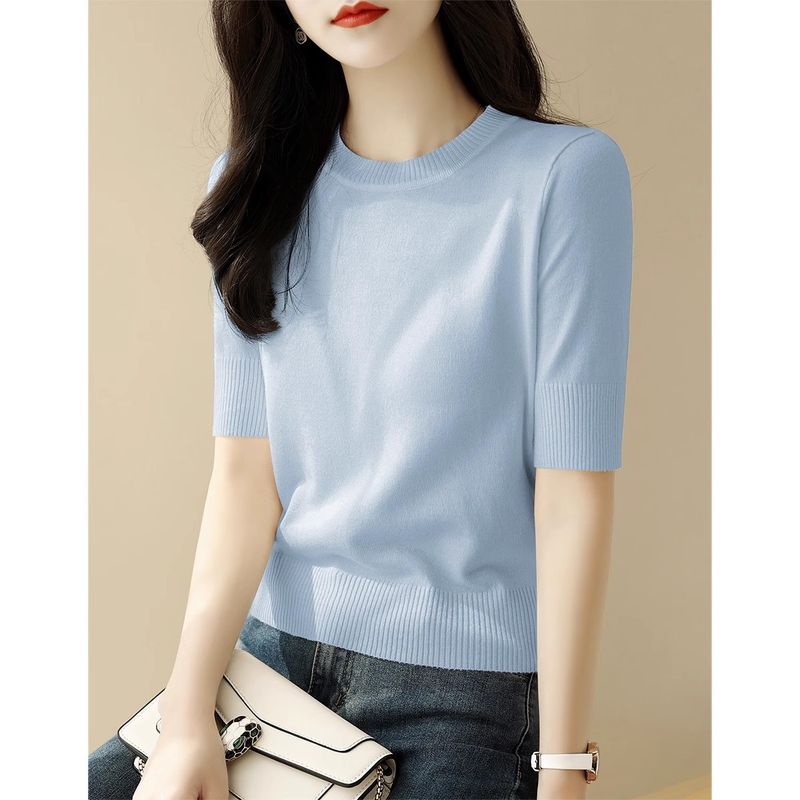 

Classy O-neck Short Silm Bottoming Shirt Ice Silk Top Women s Summer 2024 New Arrival Short Sleeve Knitting T-Shirt Thin Blue [fabric upgrade]] 2XL