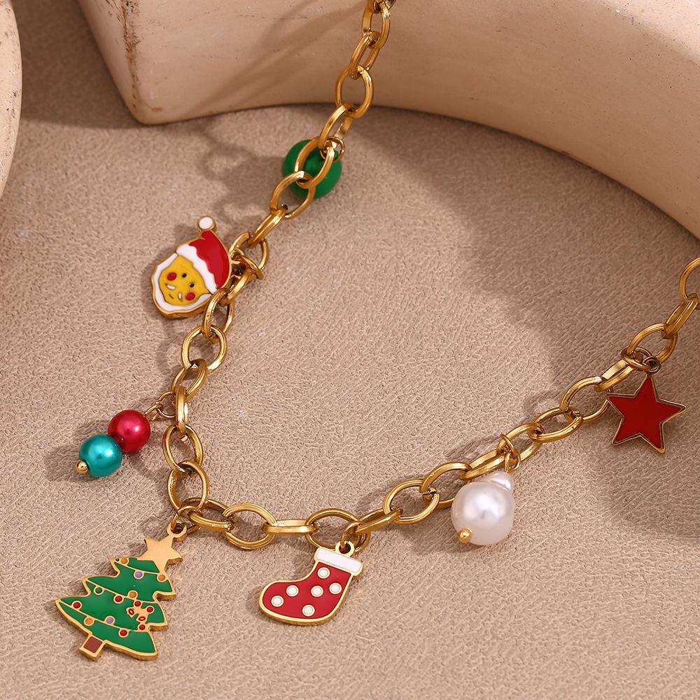 18K Gold Plated Cartoon Christmas Tree & Santa Pendant Necklace for Women