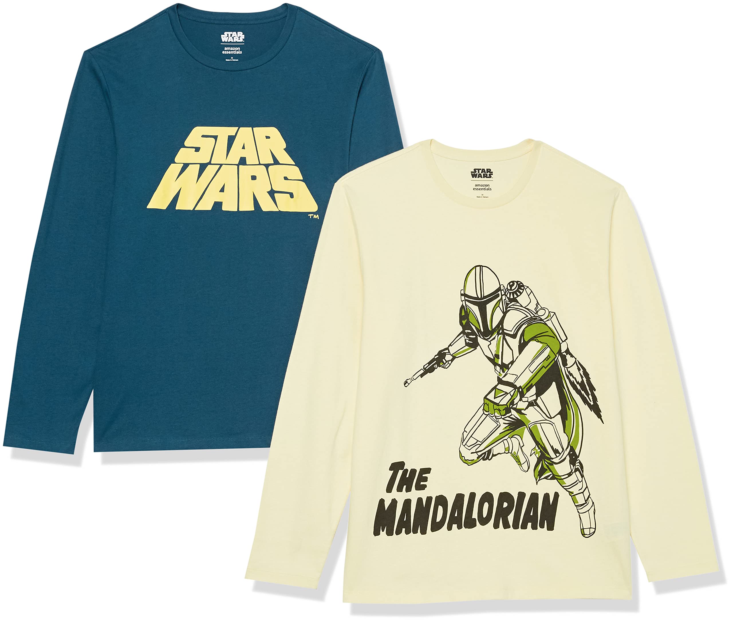

Amazon Essentials 2-Pack Disney Marvel Star Wars Men s Long Sleeve T-Shirts, Navy and Light Yellow, Star Wars Mando, Size L