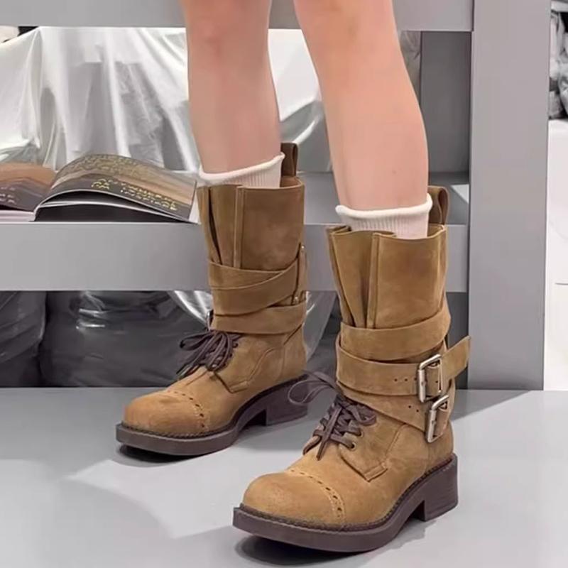 ~ Brown Western Medium Martin Boots Round Head Lace-Up Belt Buckle Buckle Thick Heel Maillard Leather Boots