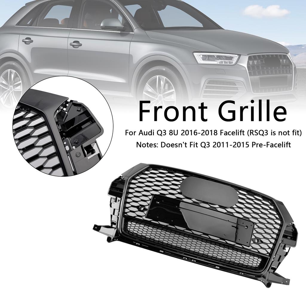 RSQ3 Style Front Honeycomb Grill Grille 8U0853653M Fit Q3 2016-2018 Gloss Black