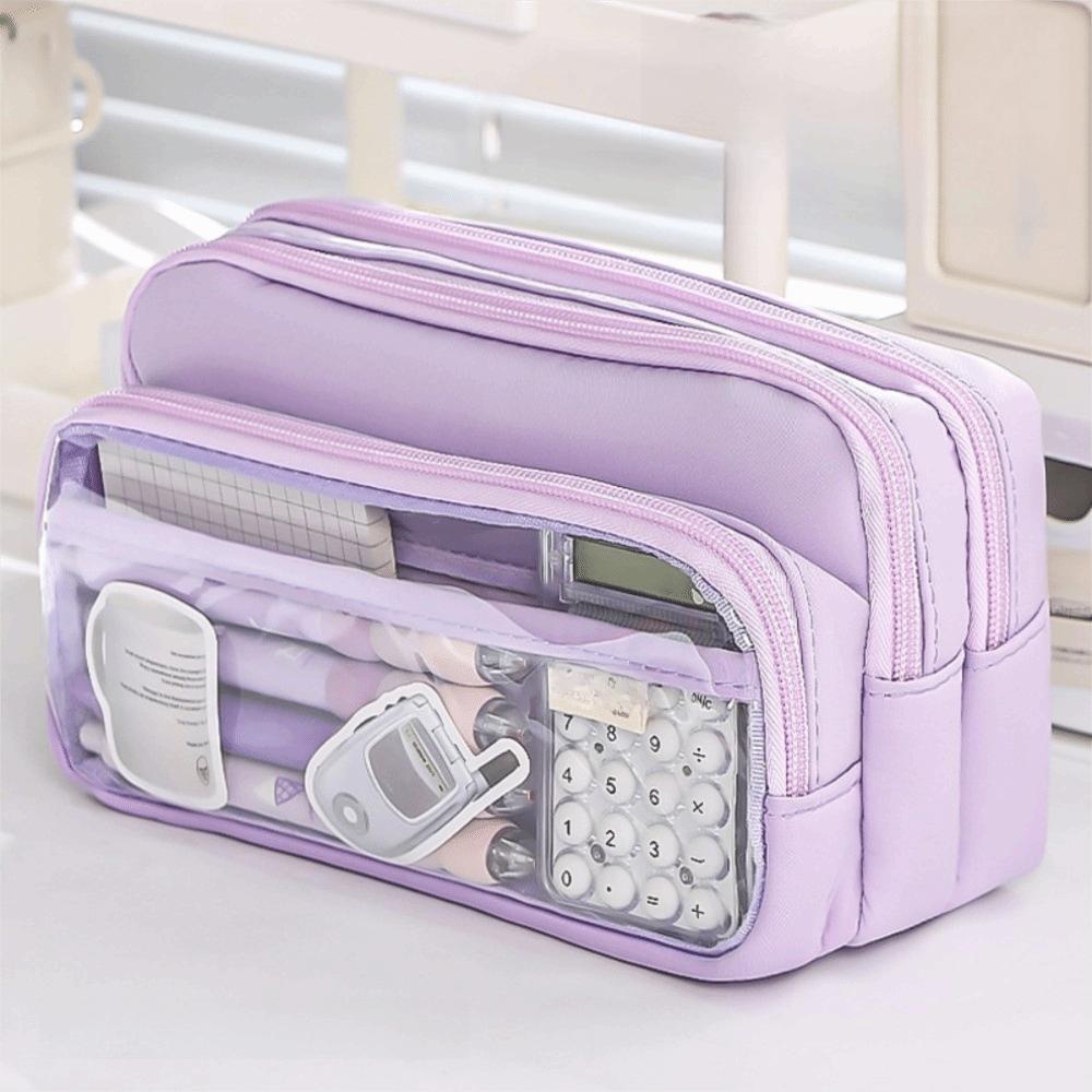 Color-Block Pen Bag Transparent Pocket Multi-layer Pen Pouch New Pencil Case  Girl