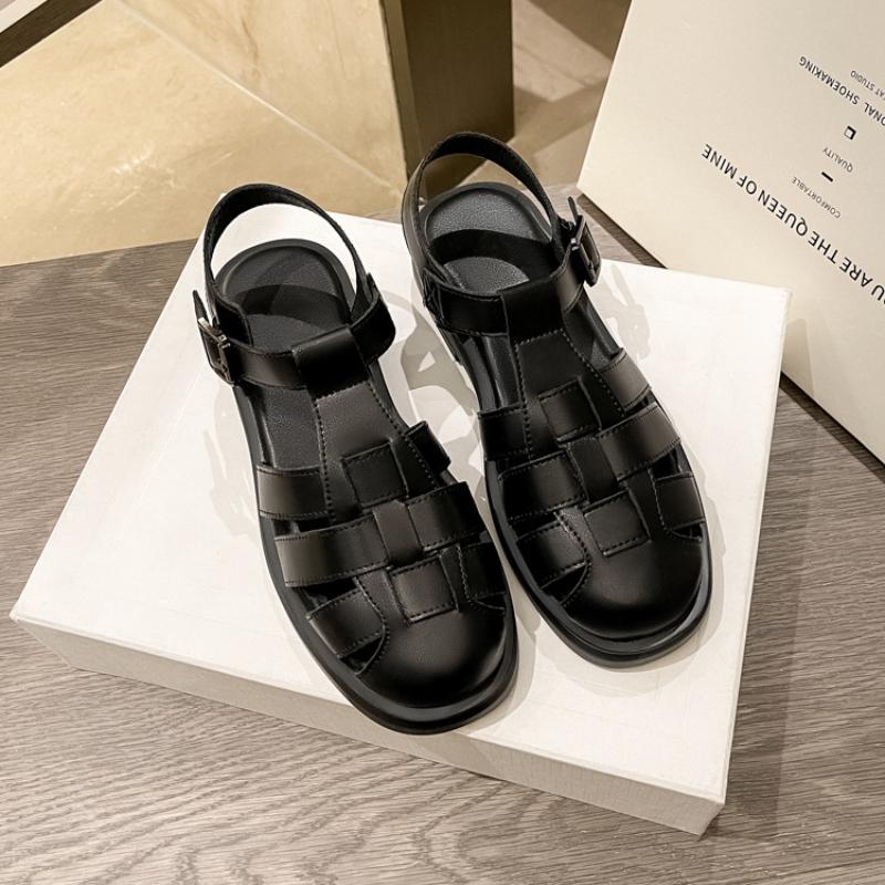 Soft Leather Casual Sandals for Women 2024 Summer New Knitted Soft Sole Baotou Thick Sole Retro Flat Bottom Roman Sports Shoes