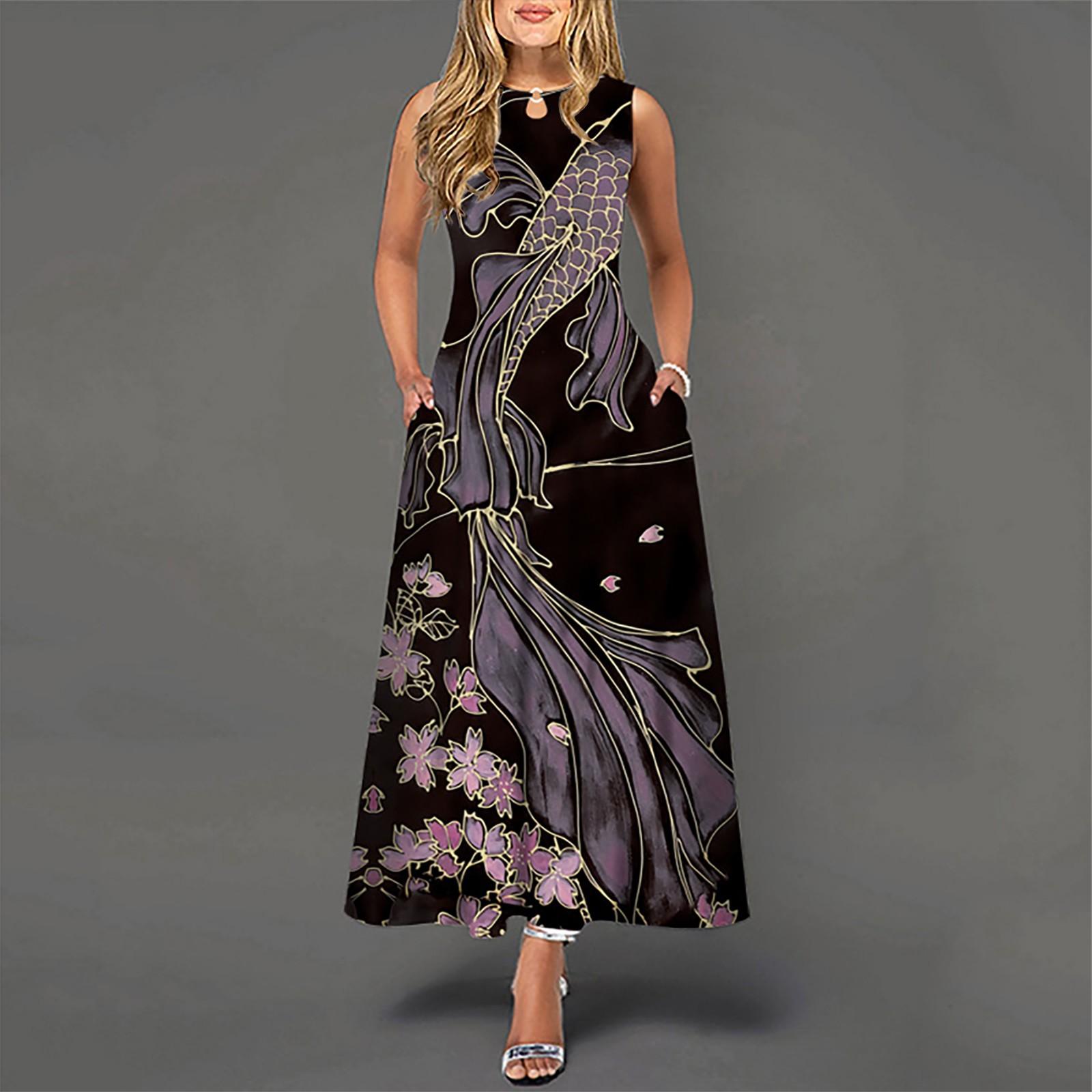 

Женское повседневное длинное платье без рукавов с большим подолом и круглым вырезом с принтом S чёрный