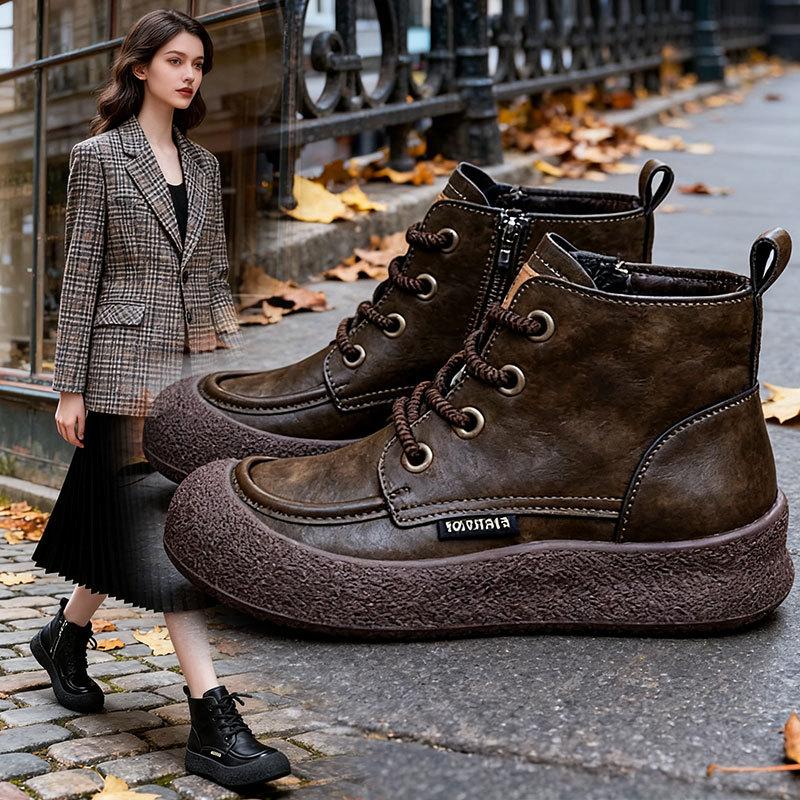 Retro Short Boots Women's Autumn and Winter New Thick-soled Round Head Lace-up Martin Boots Flat-bottomed Velvet Warm Women's Boots