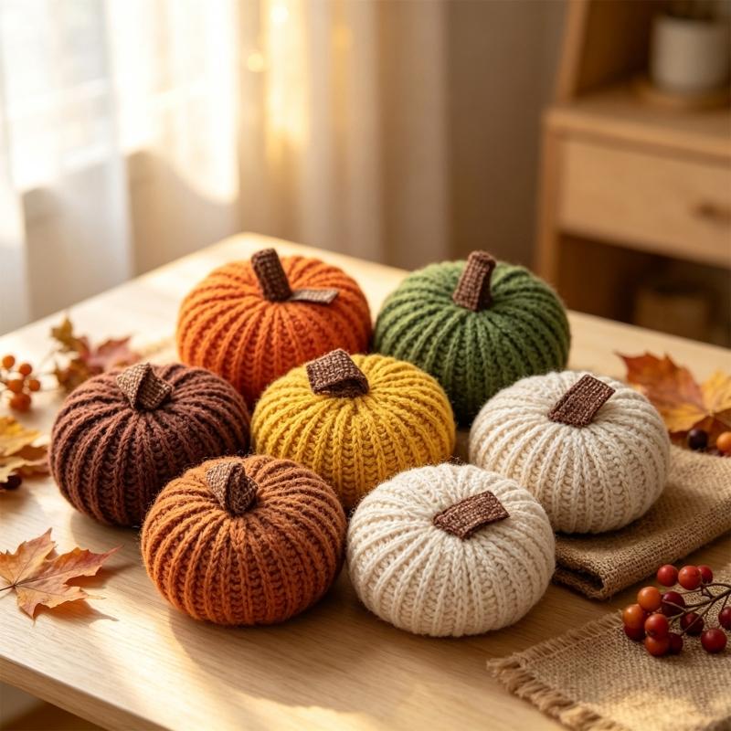 Fall Pumpkin Decorations Set of 6, Knitted Polyester Ornament with Fabric Tabs for Thanksgiving Tables, Shelves, Windowsills and Indoor Foliage