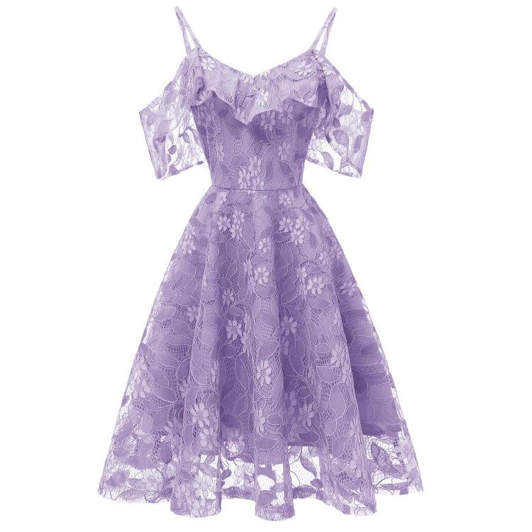 Bright Deer Women Cold Shoulder Bridesmaid Dress Floral Crochet Lace Ruffle Cami Strap Midi Dress for Wedding Evening Formal Party Cocktail Occasions