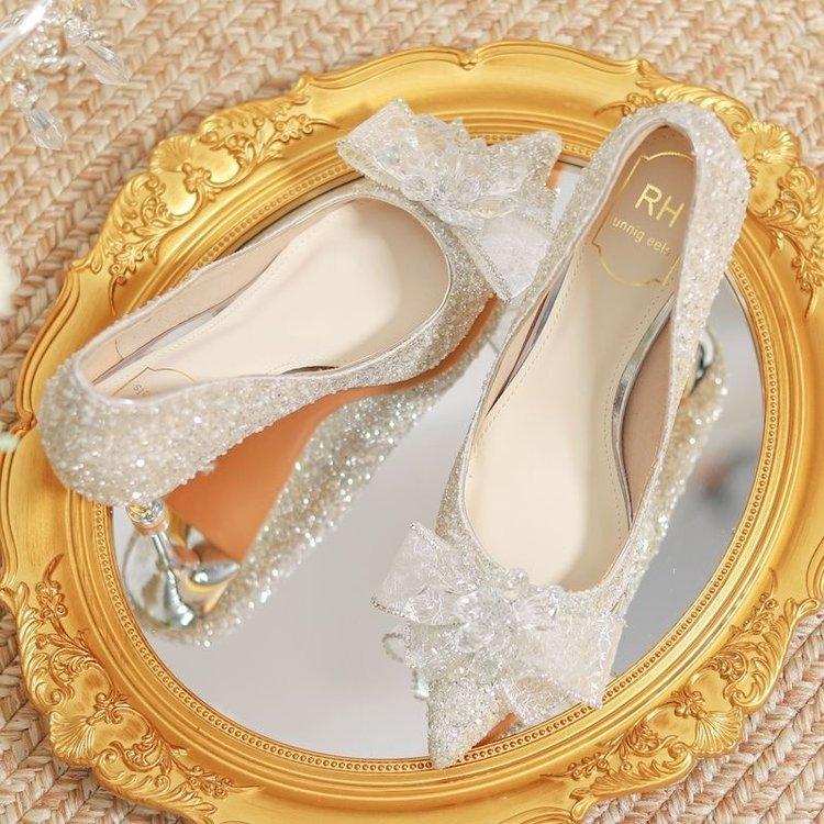 

Свадебные туфли для невесты Женские туфли на тонком каблуке с острым носком и неглубоким вырезом Французские хрустальные туфли-лодочки на высоком каблуке 40