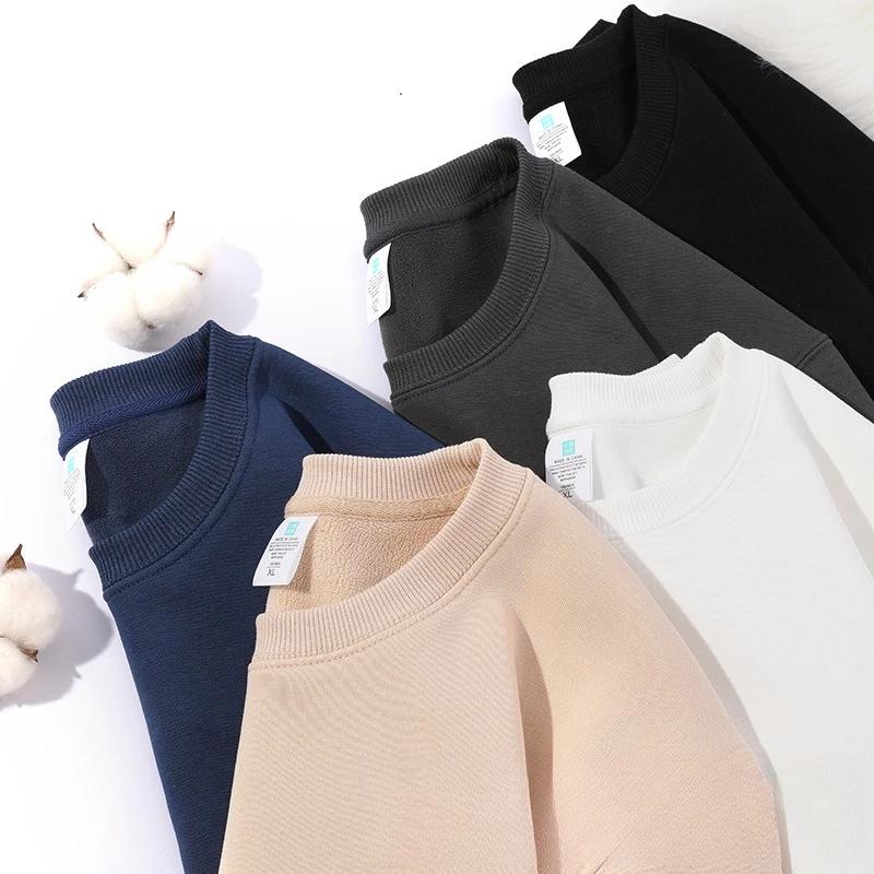 Cotton Long Sleeve Thin Fleece Sweatshirts Solid Casual Simple Drop Shoulder Hoodies Warm Crewneck American Couple Sweatshirt