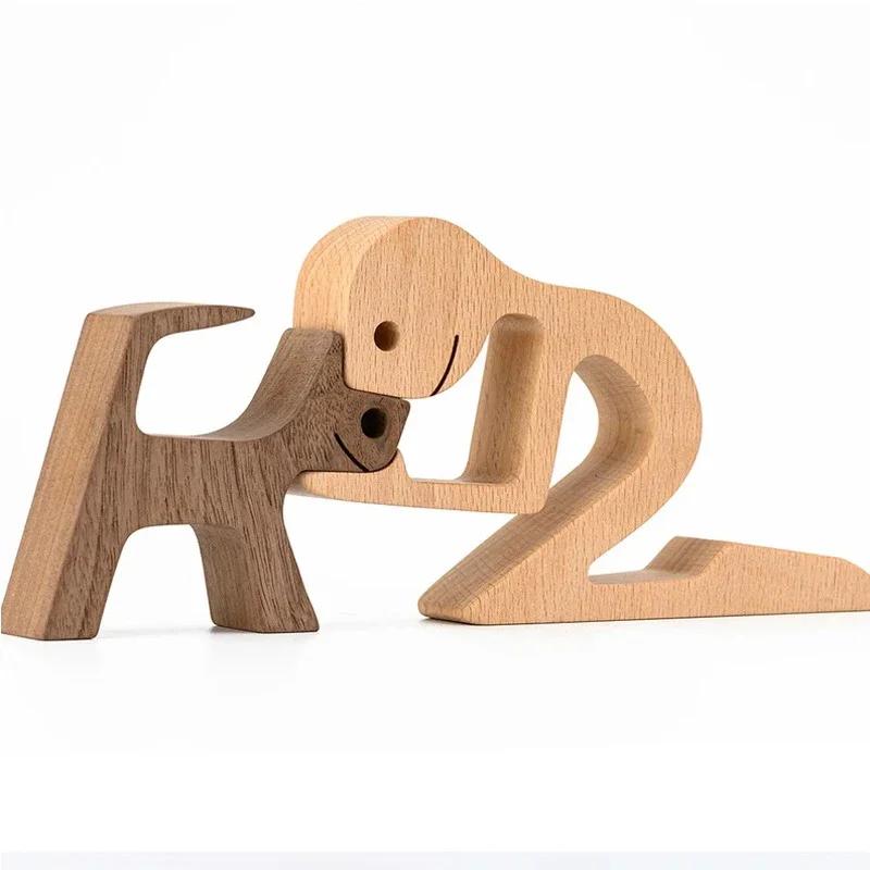 Famiglia Cucciolo Legno Cane Artigianato Figurina Regalo di San Valentino Modello di Intaglio Decorazione per Casa Ufficio Regalo di Natale Decorazione per Coppia