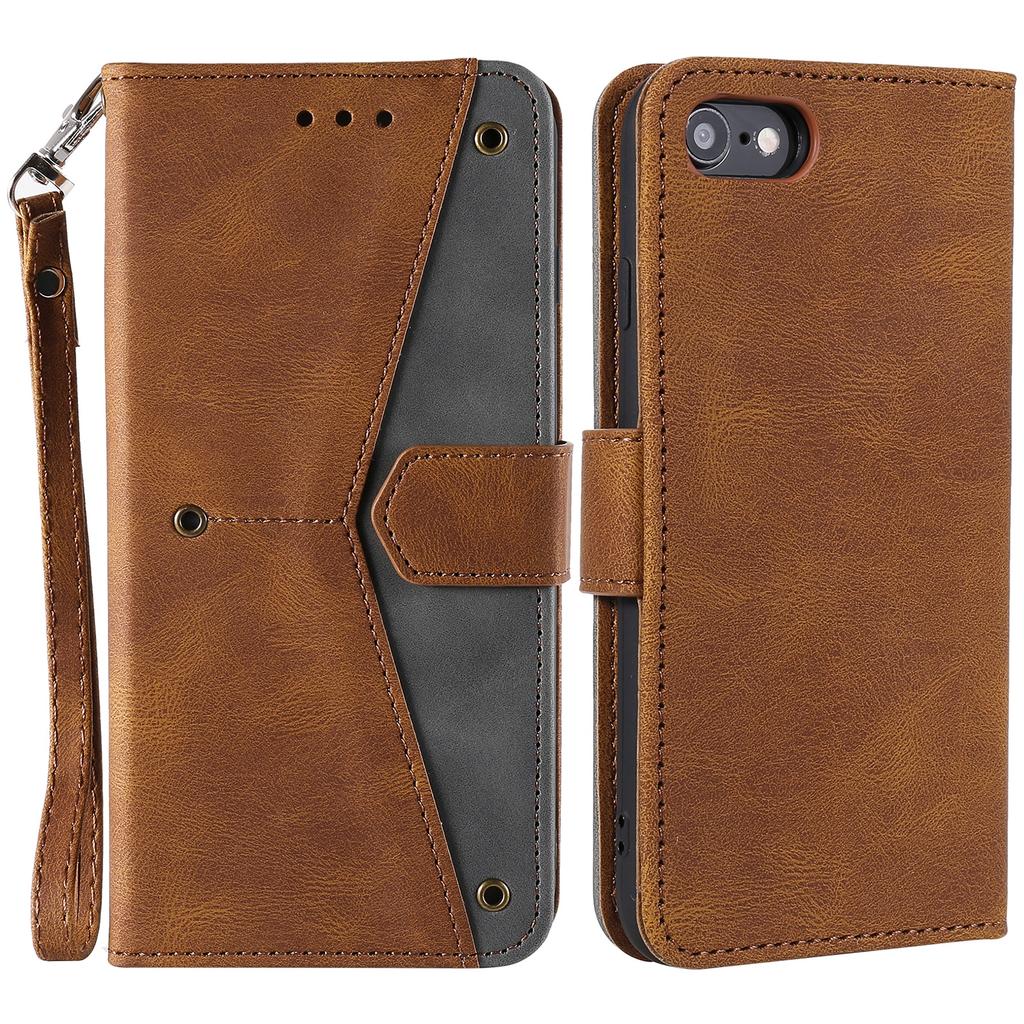 For iPhone 16e Leather Case Splicing Stitching Wallet Phone Cover with Wrist Strap