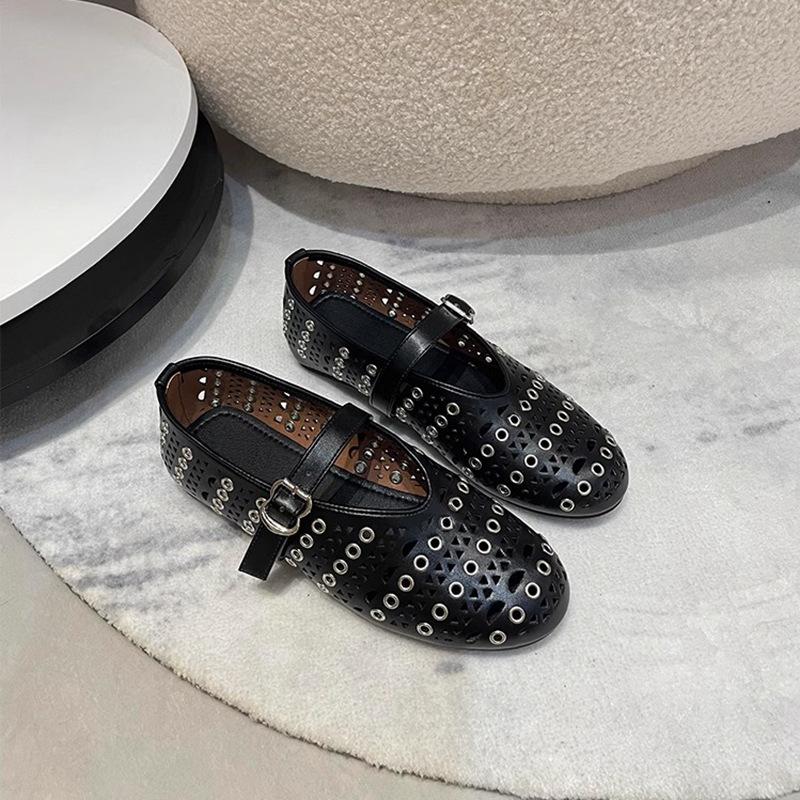 Niche Design Heavy Industry Rivets Hollow One-word Flat Mary Jane Shoes Soft-soled Fragrant Ballet Shoes