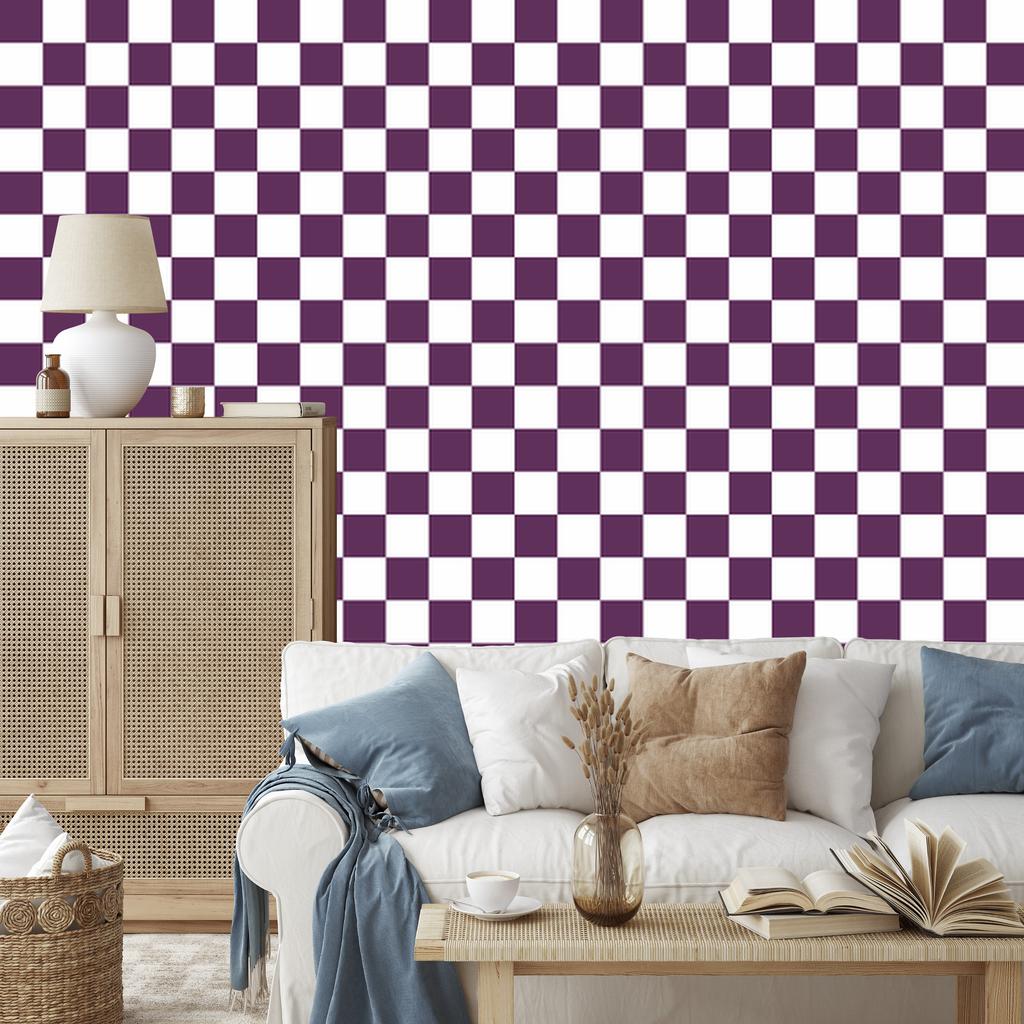 Checkerboard Wallpaper in White, Plum and Purple for Living Room and Bedroom 50x1000