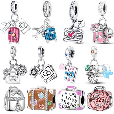 S925 Sterling Silver με θέμα ταξίδια βαλίτσα κάμερα μενταγιόν Χάντρες Γούρια Fit Αυθεντικά βραχιόλια Γυναικεία κοσμήματα DIY Δώρο